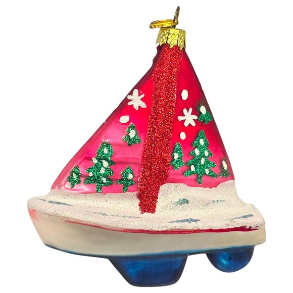 KSA Kurt Adler Sailboat Christmas Ornament Red White Glitter Accents Blown Glass - Picture 2 of 7